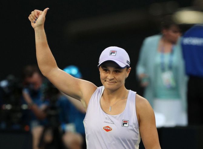 Australia's Ashleigh Barty celebrates winning her first round match against Montenegro's Danka Kovinic 