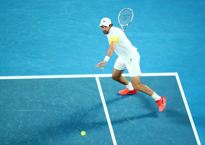 Jeremy Chardy in action during his first round match against Novak Djokovic.
