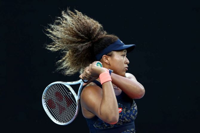 Japan's Naomi Osaka plays a backhand in her second round match against France's Caroline Garcia