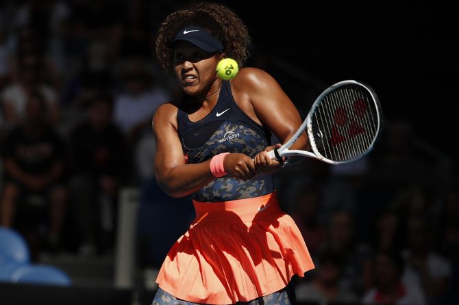 Japan's Naomi Osaka plays a backhand during her women's singles third round match against Tunisia's Ons Jabeur. 
