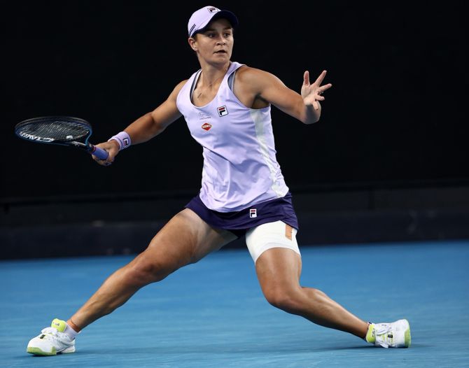 Australia's Ashleigh Barty plays a forehand during her third round match against Russia's Ekaterina Alexandrova