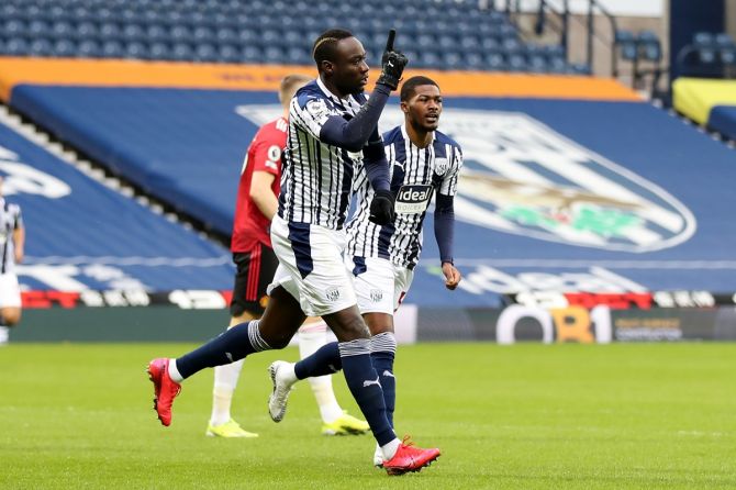 Mbaye Diagne celebrates after putting West Bromwich Albion ahead during the Premier League match against Manchester United