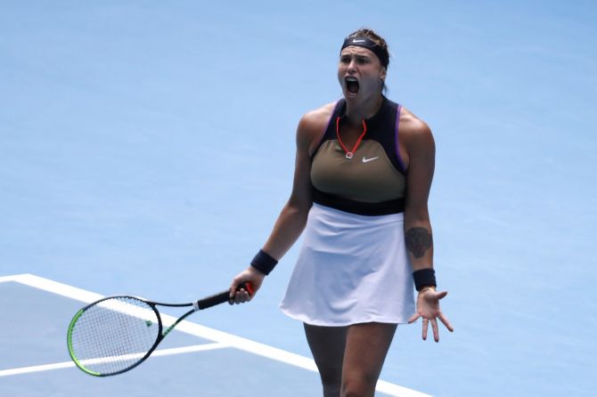 Belarus's Aryna Sabalenka reacts during her fourth round match against Serena Williams. 