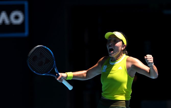 Jessica Pegula of the United States celebrates winning her fourth round match against Ukraine's Elina Svitolina at the Australian Open