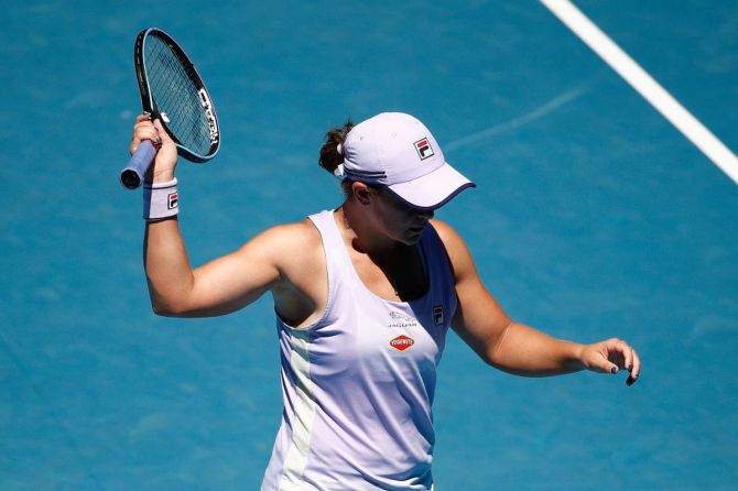 Australia's Ashleigh Barty reacts during her Australian Open quarter-finals against the Czech Republic's Karolina Muchova at Melbourne Park on Wednesday