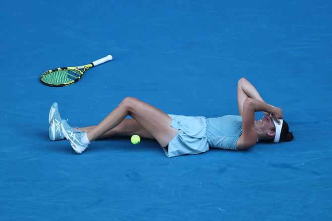 American Jennifer Brady celebrates after defeating Czech Republic's Karolina Muchova to win the 2nd semifinal at the Australian Open 