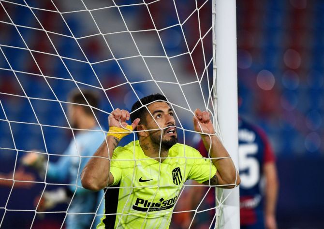 Atletico's Luis Suarez rues a missed chance during the match against Levante