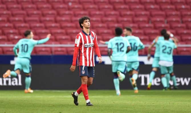 Atletico de Madrid's Joao Felix reacts after conceding their side's first goal during their La Liga Santander match against Levante UD at Estadio Wanda Metropolitano in Madrid on Saturday