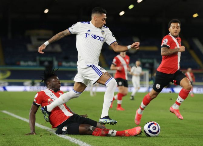 Leeds United's Raphinha in action with Southampton's Mohammed Salisu during their match at Elland Road, Leeds, on Tuesday