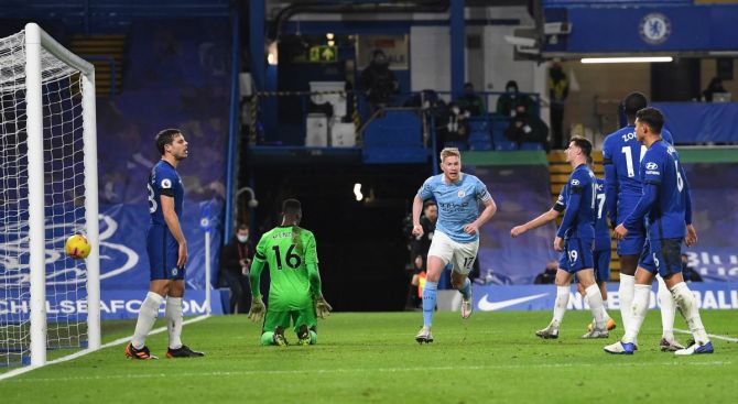 Manchester City's Kevin De Bruyne celebrates on scoring against Chelsea. The Premier League also has a fixture crunch to contend with after four matches were postponed due to COVID-19 outbreaks at Newcastle United, Manchester City and Fulham. (Image used for representational purposes). 