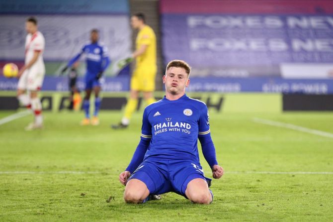 Harvey Barnes celebrates after scoring Leicester City's second goal during the Premier League match against Southampton, at the King Power stadium on Saturday. 