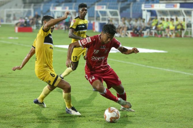 Action from the Indian Super League match between Odisha FC and Hyderabad FC on Tuesday