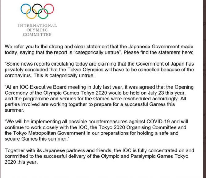 IOC tweeted this statement, on Friday, on media reports regarding Tokyo 2020. 