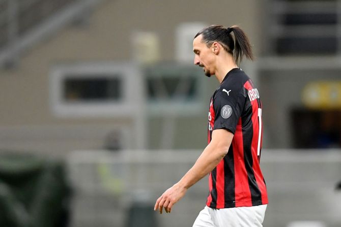 AC Milan's Zlatan Ibrahimovic walks off after being sent off during their Coppa Italia match against Inter Milan at San Siro on Tuesday