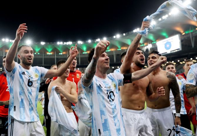 Lionel Messi celebrates with his Argentina teammates after victory over Brazil in the Copa America final, at Maracana stadium in Rio de Janeiro, Brazil, on Saturday. 