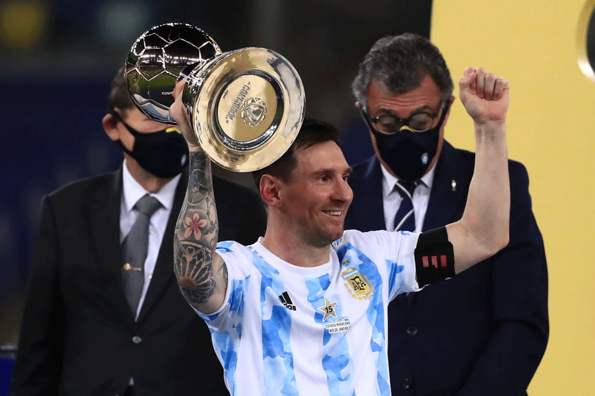 Lionel Messi celebrates on winning the Copa America title on Saturday