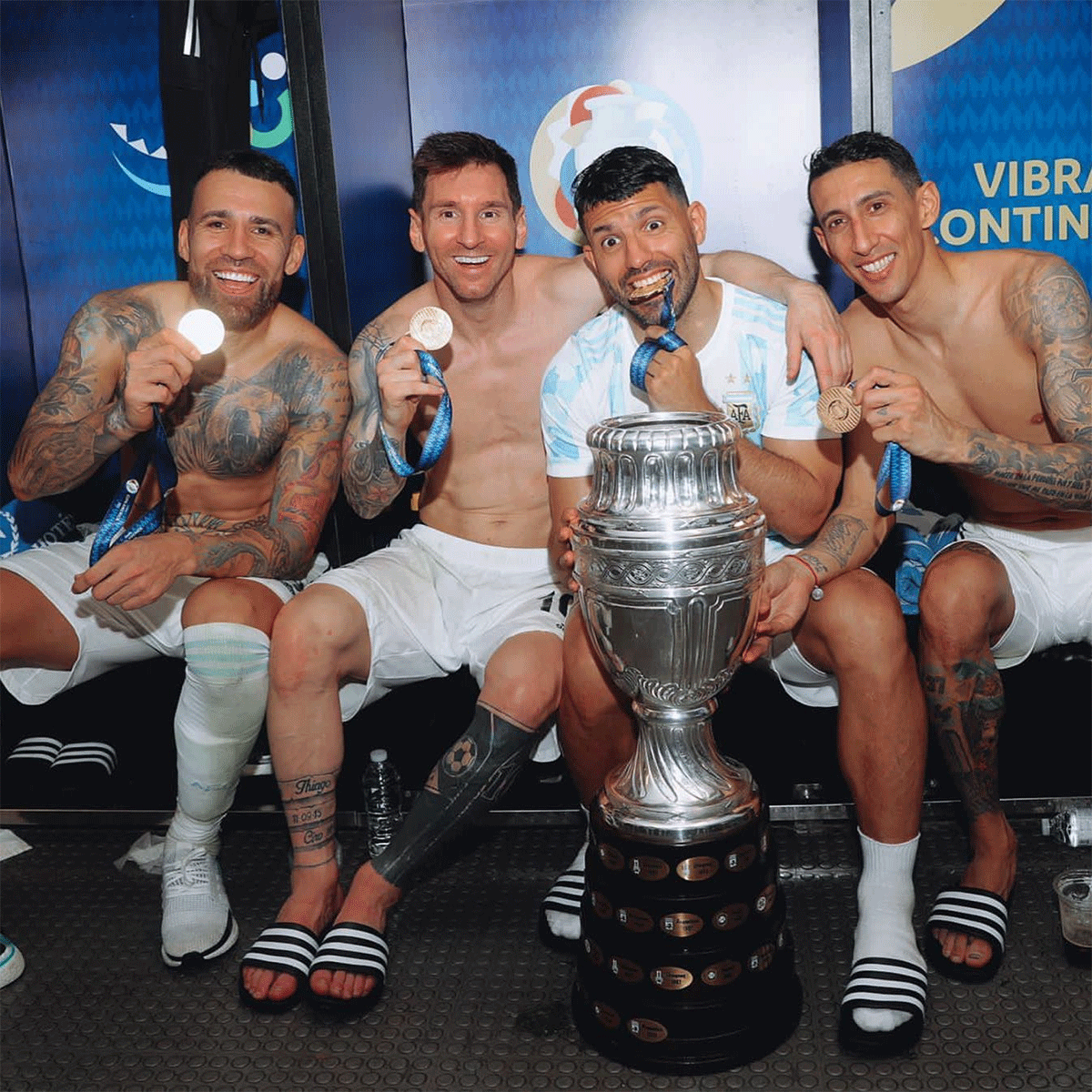 Argentina's Nicolas Otamendi, Lionel Messi, Sergio Aguero and Angel Di Maria celebrate on winning the Copa America on Saturday