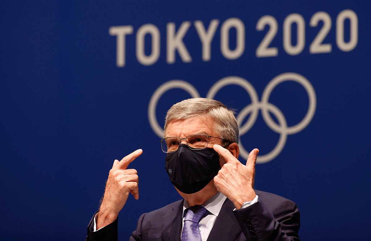 International Olympic Committee (IOC) President Thomas Bach during the news conference at the International Broadcasting Center in Tokyo, Japan, on Saturday 