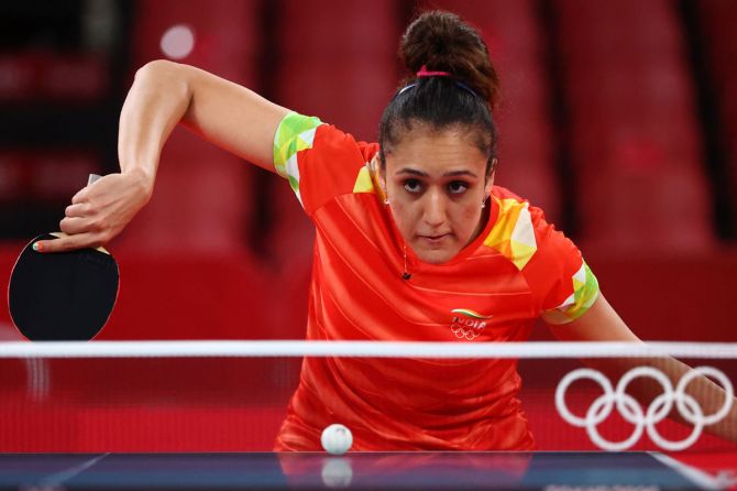 India's Manika Batra in action during her women's singles match against Britain's Tin Tin Ho, at the Tokyo Olympics, on Saturday.