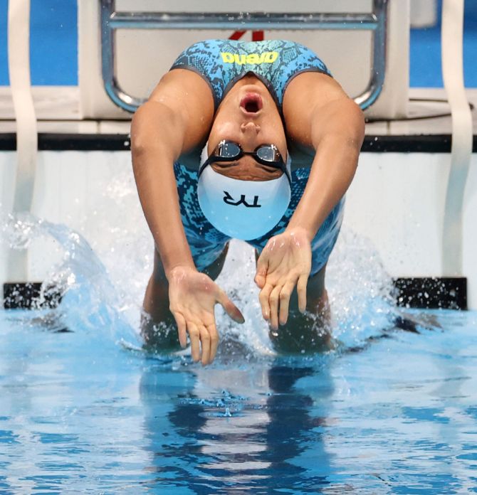 India's Maana Patel competes in Heat 1 of the women's 100m backstroke at the Tokyo Olympics, at the Tokyo Aquatics Centre, on Sunday.