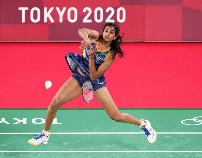 India's Pusarla V. Sindhu in action during her women's singles group match against Israel's Ksenia Polikarpova at the Tokyo Olympics on Sunday.