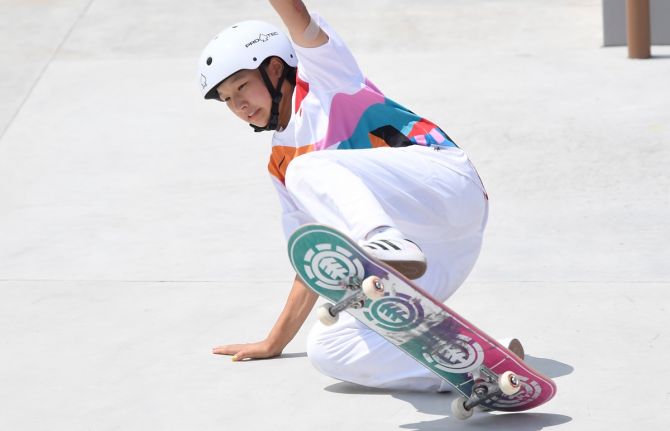 Momiji Nishiya  in action during the Olympics Skateboarding - Women's Street - final, at Ariake Urban Sports Park, Tokyo, on Monday.