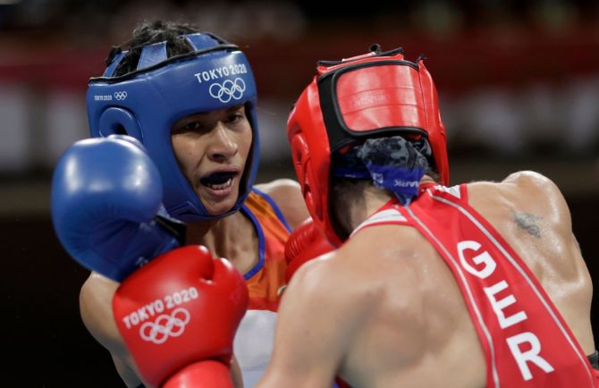 India's Lovlina Borgohain in action during her Olympics women's welterweight last 16 bout against Germany's Nadine Apetz, at Kokugikan Arena, Tokyo, on Tuesday. 