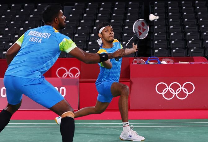 India's Satwiksairaj Rankireddy and Chirag Shetty during their Olympics men's doubles group match against Britain's Ben Lane of Britain and Sean Vendy, at Musashino Forest Sport Plaza, Tokyo, on Tuesday