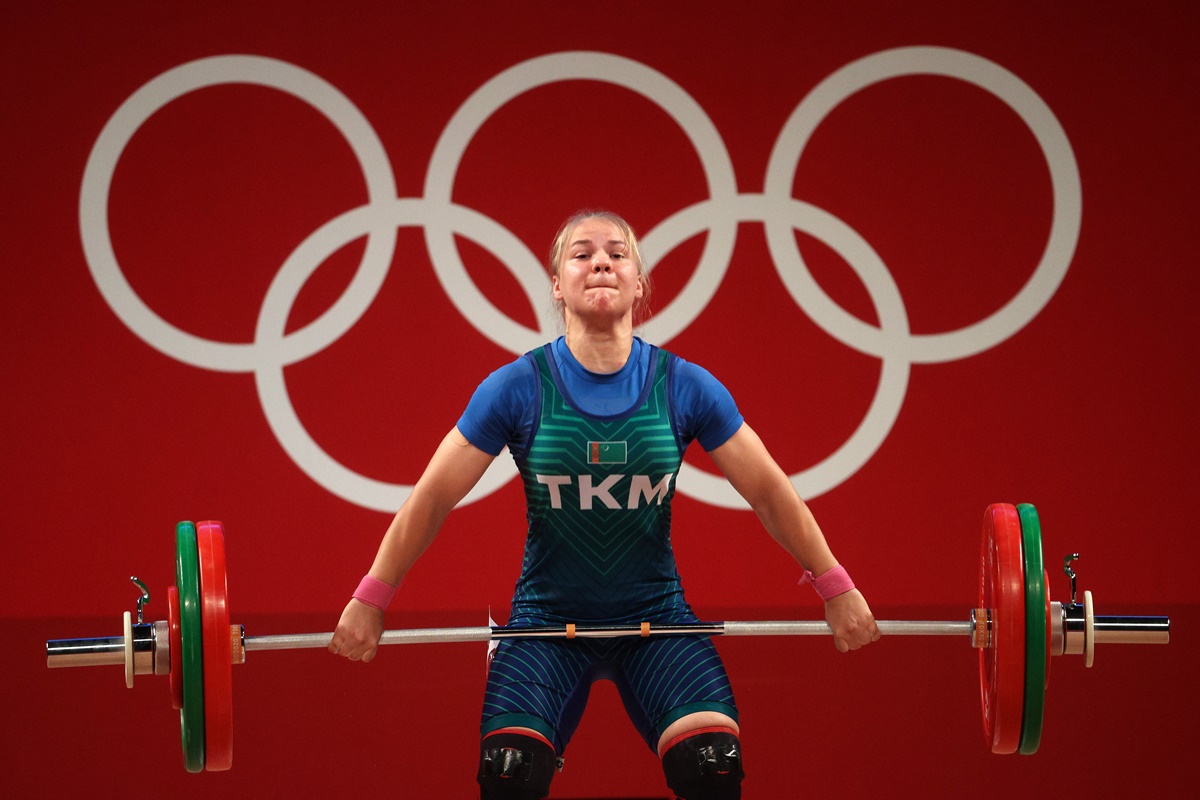 Turkmenistan's Polina Guryeva competes in the women's 59kg weightlifting competition at the Tokyo Olympics, at Tokyo International Forum, on Tuesday.