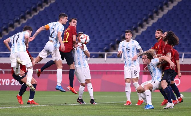 Tomas Belmonte, No. 17, finds the equaliser for Argentina in a 1-1 draw with Spain. 