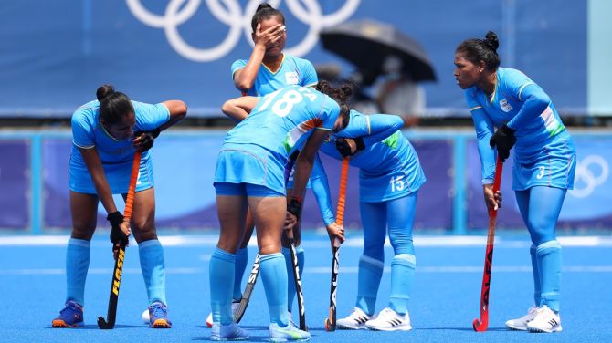 India's players react after conceding a goal during the Olympics women's hockey match against Great Britain on Wednesday. 