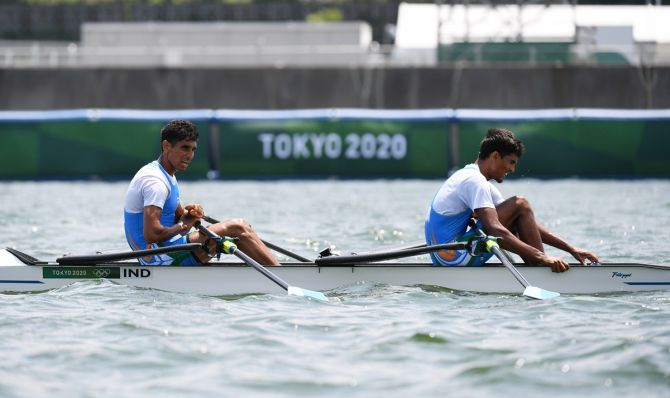India's Arjun Lal and Arvind Singh row during the Olympics men's lightweight Double Sculls - semi-final 2, at Sea Forest Waterway, Tokyo, on Wednesday. 