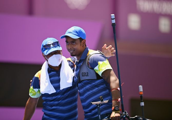 India's Atanu Das reacts after defeating two-time Olympic champion Oh Jin Hyek in the Olympics Archery men's individual 1/16 finals, at Yumenoshima Archery Field, Tokyo, on Wednesday.