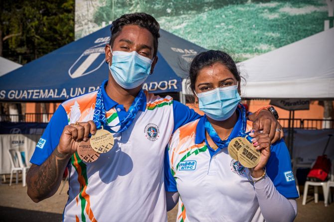 Atanu Das and Deepika Kumari show off their medals from the Recurve finals during the Hyundai Archery World Cup 2021 Stage 1 in Guatemala City, Guatemala, on April 25, 2020.