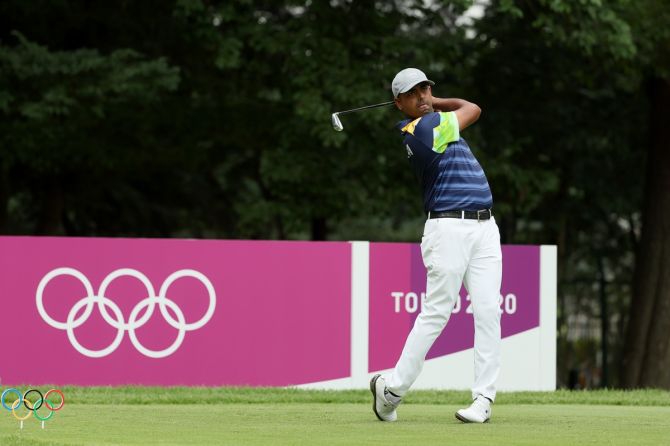 India's Anirban Lahiri plays his shot from the fourth tee during the first round of the men's Individual Stroke Play of the Olympics, Kasumigaseki Country Club in Kawagoe, Saitama, Japan, on Thursday.
