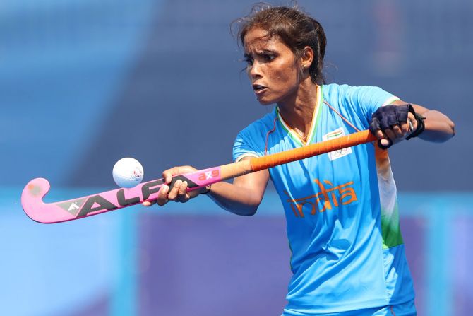 India's Vandana Katariya controls the ball during the Olympics women's preliminary Pool A match against South Africa