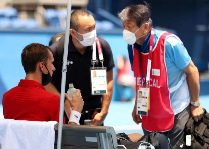 Daniil Medvedev receives medical attention during the match against Fabio Fognini on Wednesday.