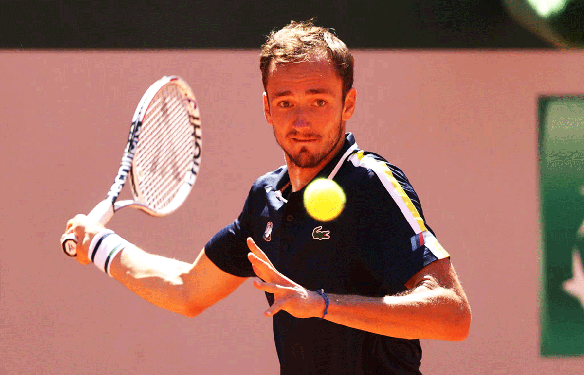 Russia'sDaniil Medvedev plays a forehand in first round match against Kazakstan's Alexander Bublik