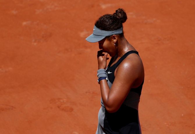 Japan's Naomi Osaka reacts during her French Open first round match against Romania's Patricia Maria Tig.