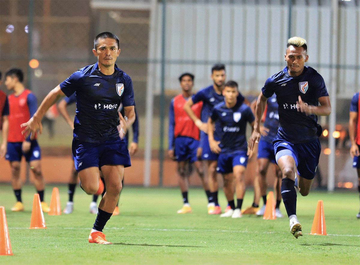 Sunil Chhetri and his teammates at a team training session in Doha on Sunday