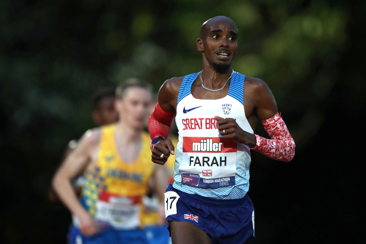 Great Britain's Mohamed Farah competes in the Men's International Race A during the Muller British Athletics 10,000m Championships & European Athletics 10,000m Cup 2021 at University of Birmingham Athletics Track in Birmingham, England, on Saturday 