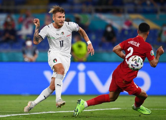 Ciro Immobile scores Italy's second goal during the Euro 2020 Championship Group A match against Turkey, at the Stadio Olimpico in Rome, on Friday.