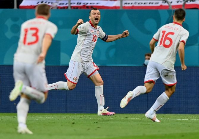 Goran Pandev celebrates after restoring parity for North Macedonia and becoming the second-oldest scorer in European Championship history at the age of 37 years and 321 days. 