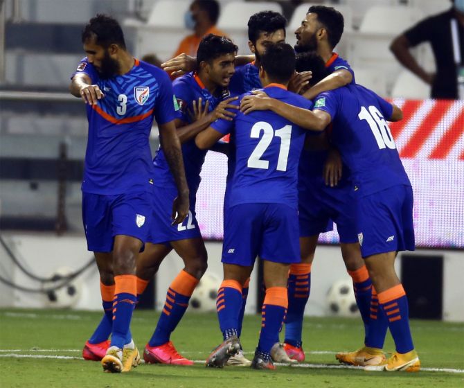 India's players celebrate after going ahead following an own goal, courtesy Afghanistan goalkeeper Ovays Azizi in the 75th minute.