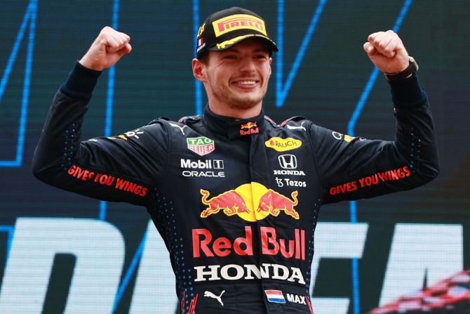 Race winner Max Verstappen of the Netherlands and Red Bull Racing celebrates on the podium after winning the F1 Grand Prix of France, at Circuit Paul Ricard, on Sunday.