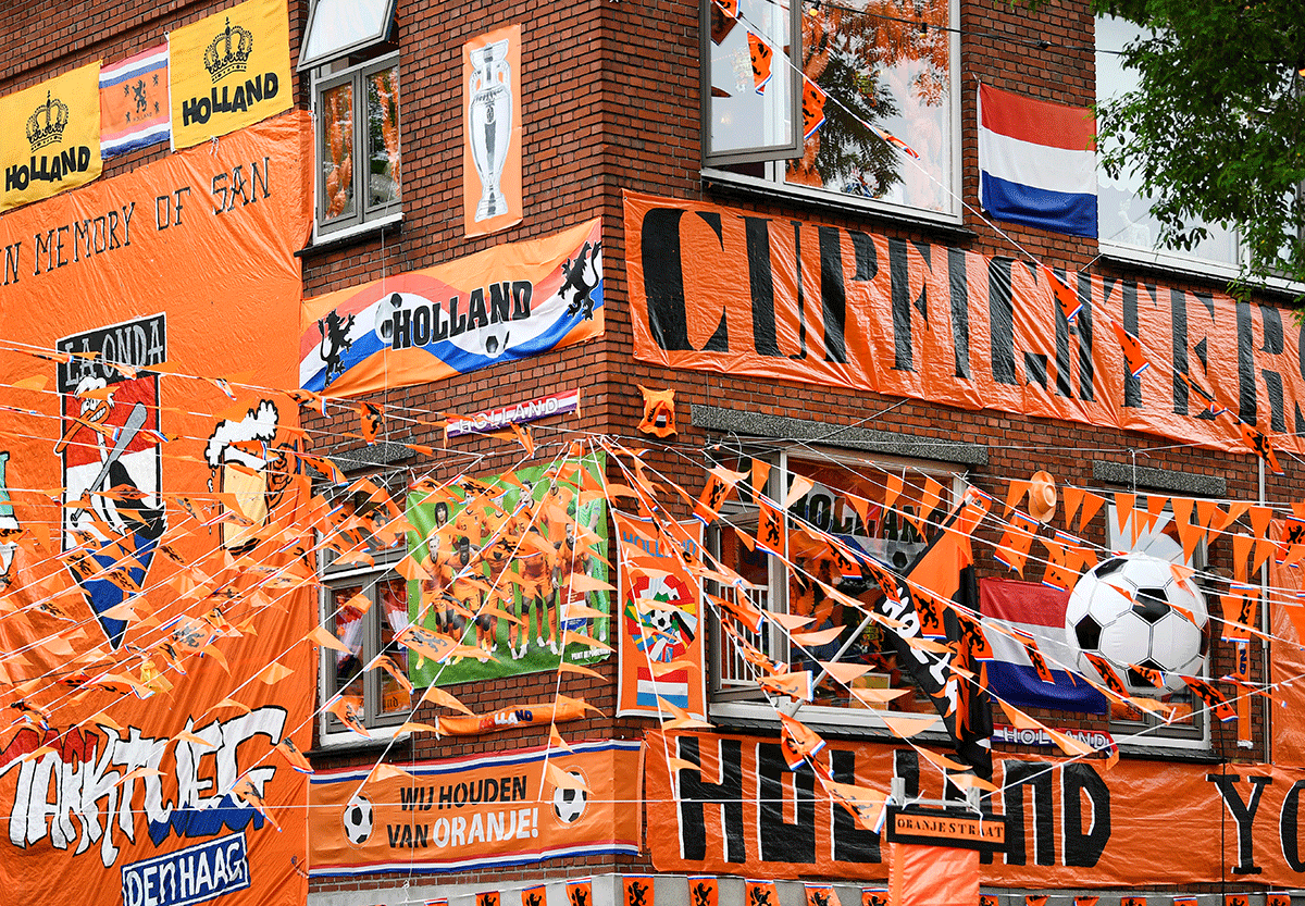 The Marktweg is decorated in orange for the Euro 2020 football championships, in The Hague, Netherlands
