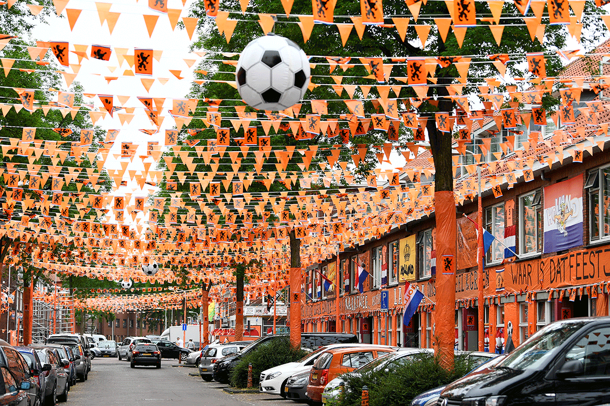 The Marktweg is decorated in orange for the Euro 2020 football championships, in The Hague