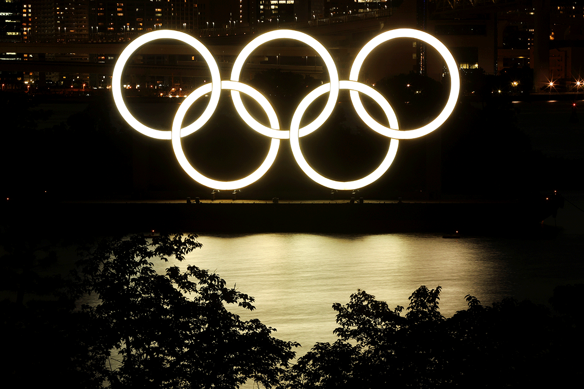 A general view of the Olympic Rings installed on a floating platform are seen in preparation for the Tokyo 2020 Olympic Games in Tokyo, Japan