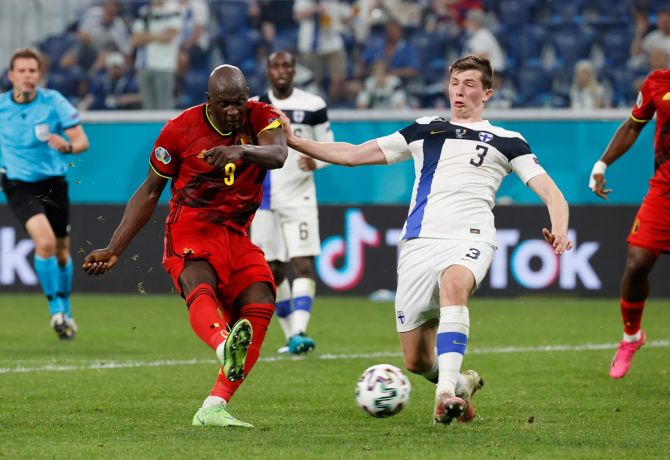 Romelu Lukaku scores Belgium's second goal during the Euro 2020 Group B match against Finland, at Saint Petersburg stadium in Russia, on Monday. 