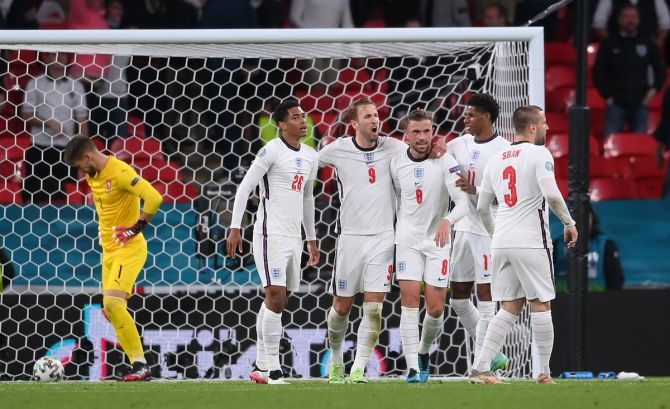 England's Jordan Henderson celebrates scoring a goal which was later disallowed for off-side.